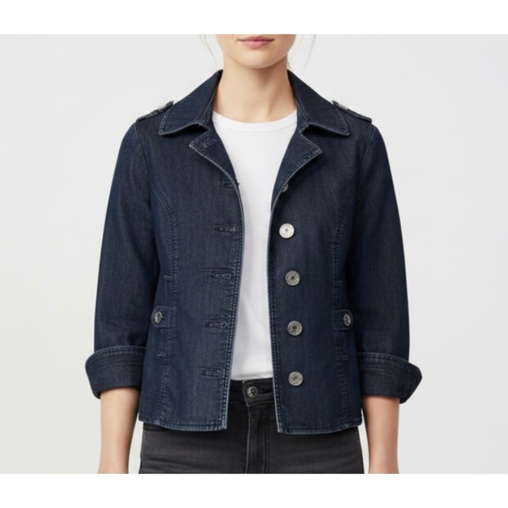 WHITE HOUSE BLACK MARKET Dark Blue Denim Jacket BIG SILVER BUTTONS Dressy SZ 6